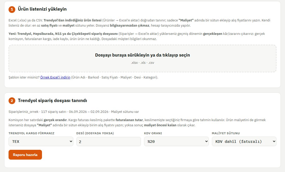 Toplu kâr hesaplama: Trendyol sipariş dosyası tanındı ekranı