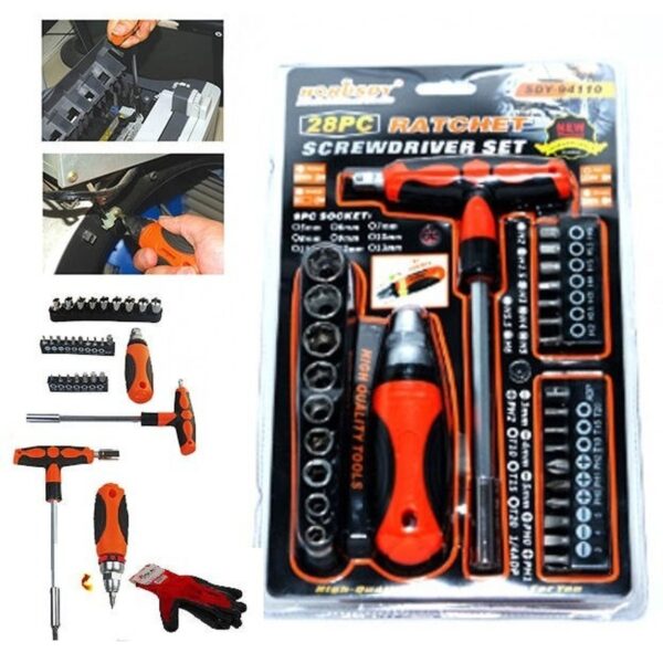 28 Parça SDY-94110 Çok Amaçlı Tornavida ve Cırcır Seti - Kancalı Takım Çantası Aleti - Ratchet SÜPER