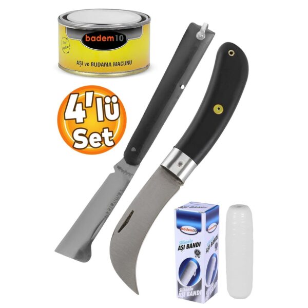 (4'LÜ SET) Eğri Uçlu Ve Düz Uçlu Bağ Aşı Bıçağı Çakısı Aşı Macunu Aşı Bandı Ağaç Dal Aşılama