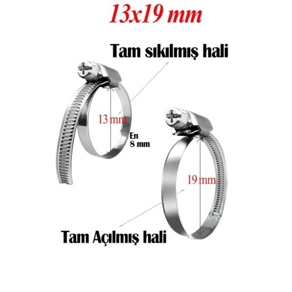Hortum Kelepçesi Tork Ayarlı 13x19 mm Paslanmaz Çelik Boru Metal Kelepçe Ayarlanabilir klips 5 ADET